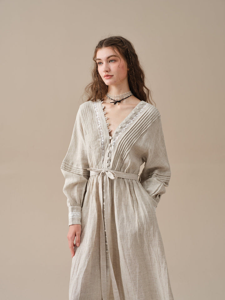 Octavia 17 | pintucked V-neck linen Dress