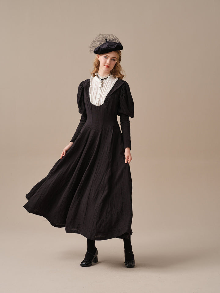 Luna 19 | 100% linen pintucked black dress