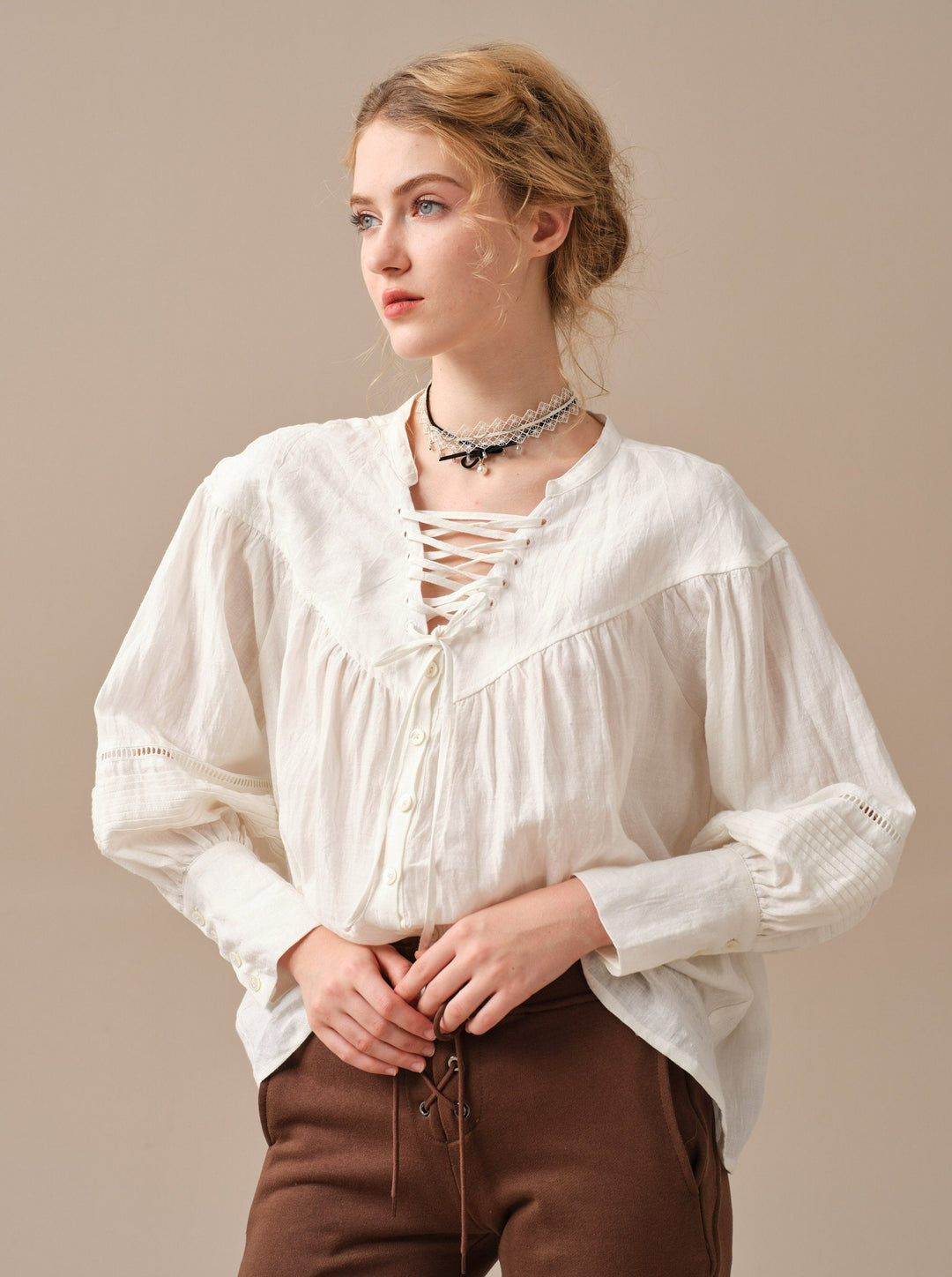 NERIA 21 | Lace up linen shirt blouse