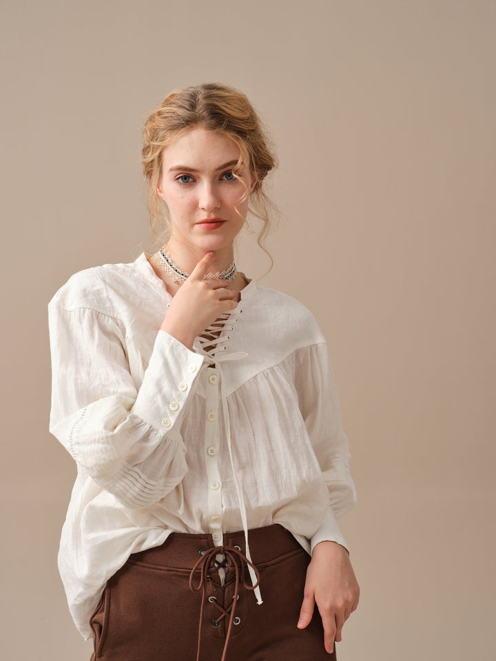 NERIA 21 | Lace up linen shirt blouse