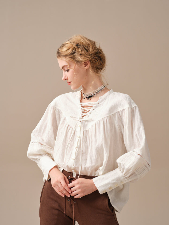 NERIA 21 | Lace up linen shirt blouse