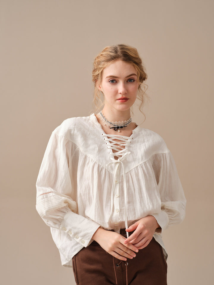 NERIA 21 | Lace up linen shirt blouse