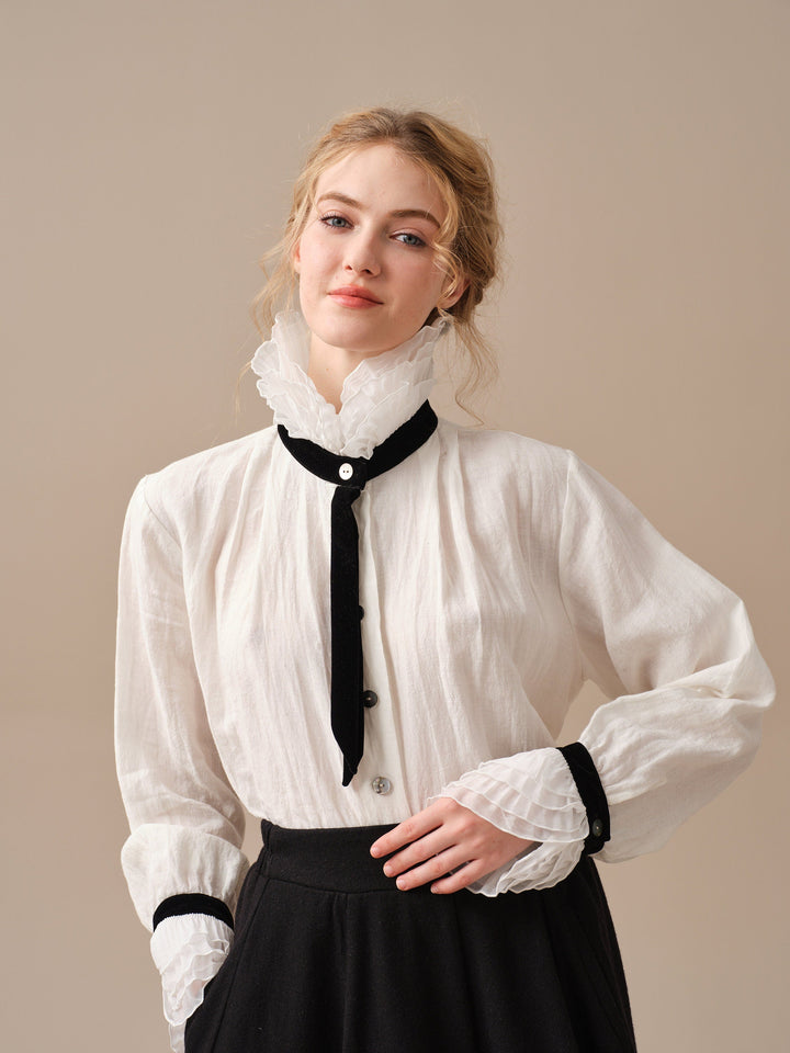 FELICIA 12 | Ruffled White Linen Shirt