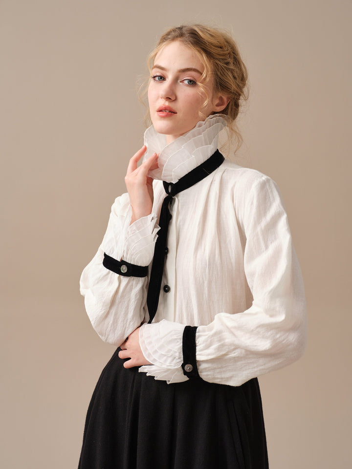 FELICIA 12 | Ruffled White Linen Shirt